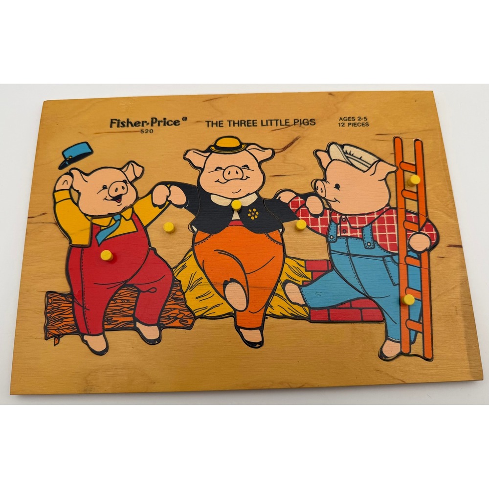 Fisher-Price 520 The Three Little Pigs Vintage Wooden Peg Tray Puzzle 12 Pieces